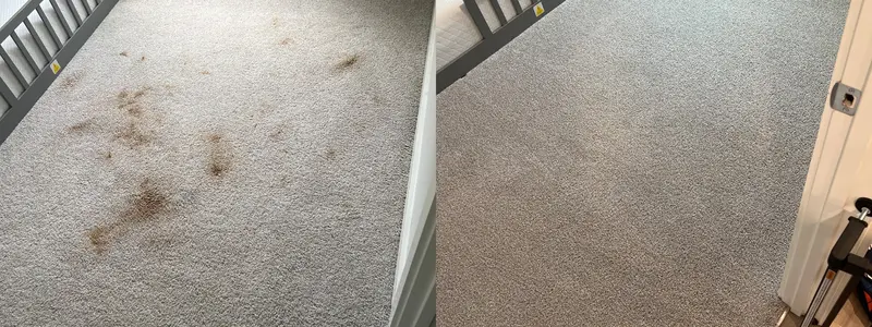 Bedroom carpet beside a crib rail with brown staining removed after cleaning